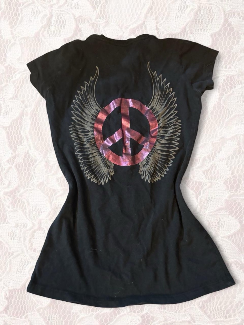 Hybrid & company Black Tee with Pink Metallic Peace Wing Graphic